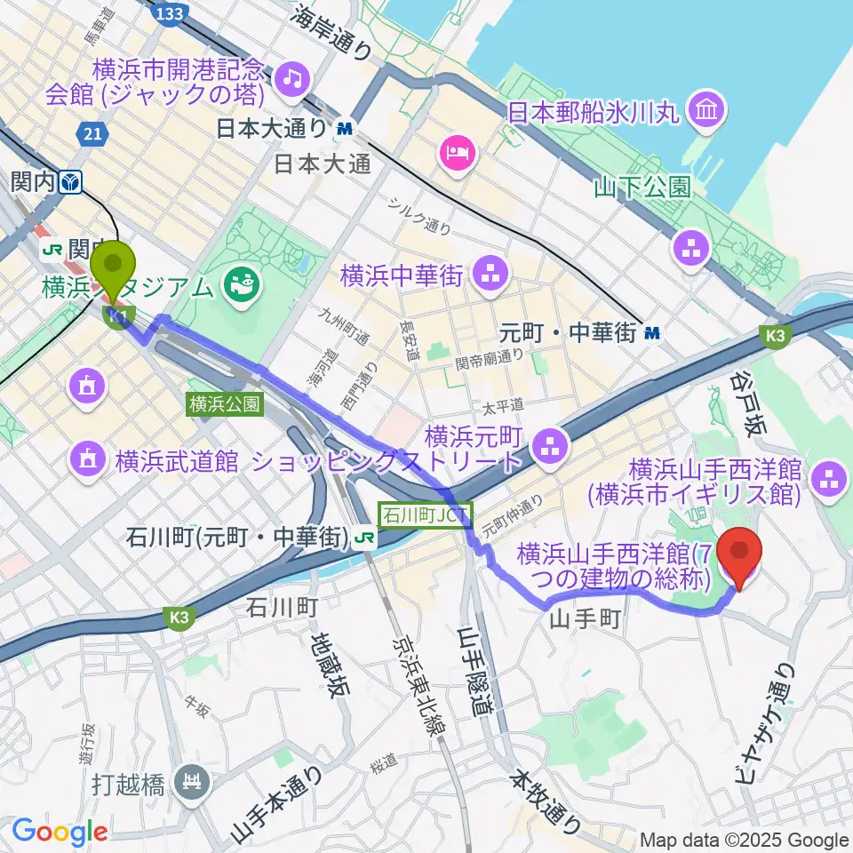 関内駅から山手234番館へのルートマップ地図