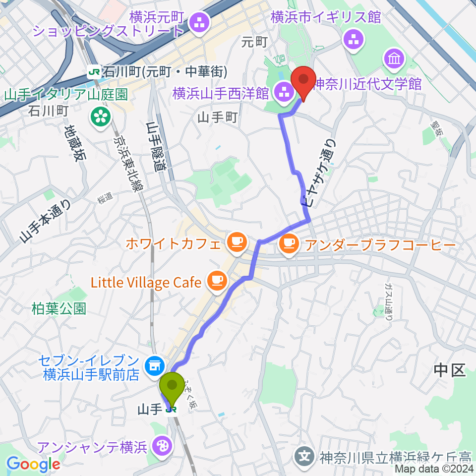 山手駅から山手234番館へのルートマップ地図