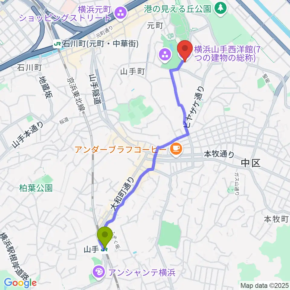 山手駅から山手234番館へのルートマップ地図