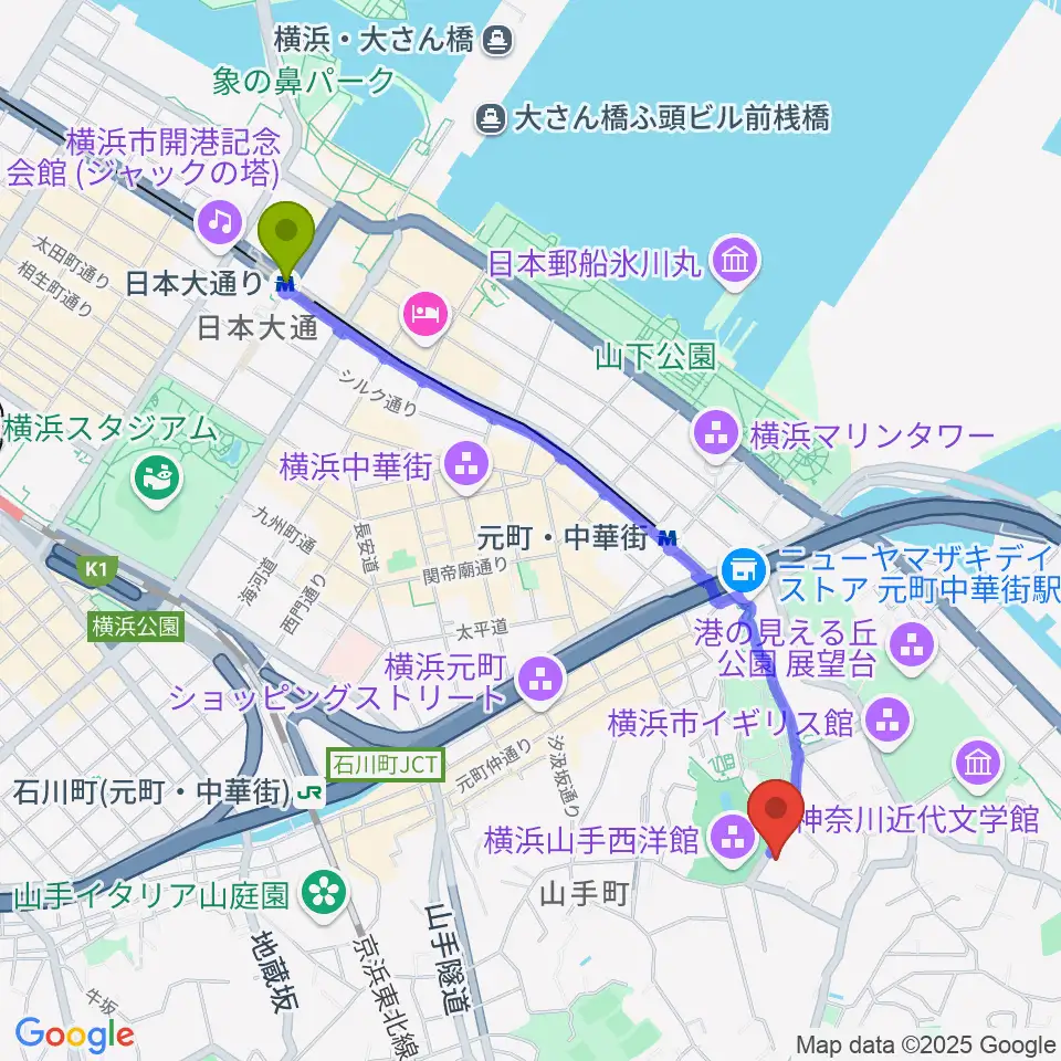 日本大通り駅から山手234番館へのルートマップ地図