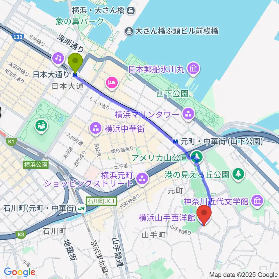 日本大通り駅から山手234番館へのルートマップ地図