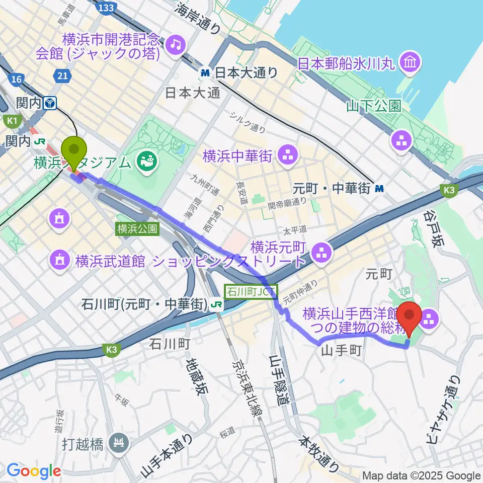 関内駅からエリスマン邸へのルートマップ地図