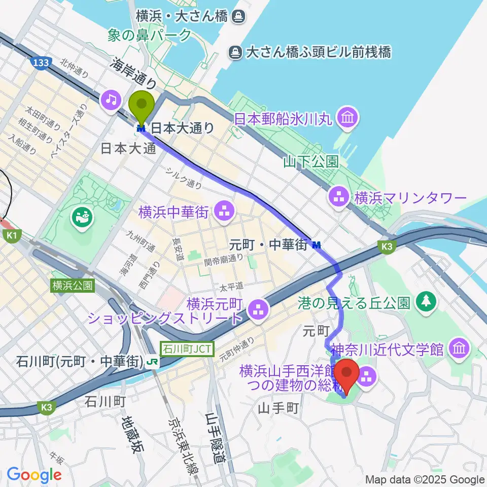 日本大通り駅からエリスマン邸へのルートマップ地図