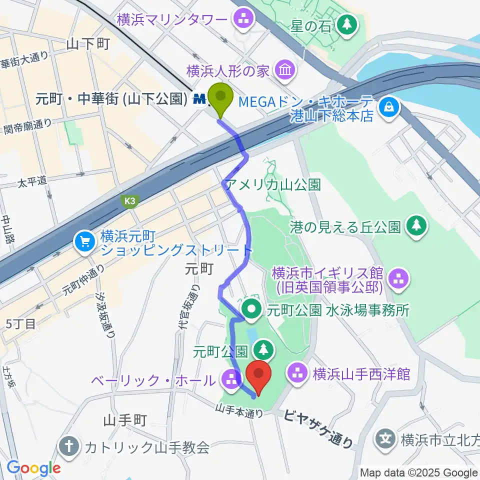 エリスマン邸の最寄駅元町・中華街駅からの徒歩ルート（約9分）地図