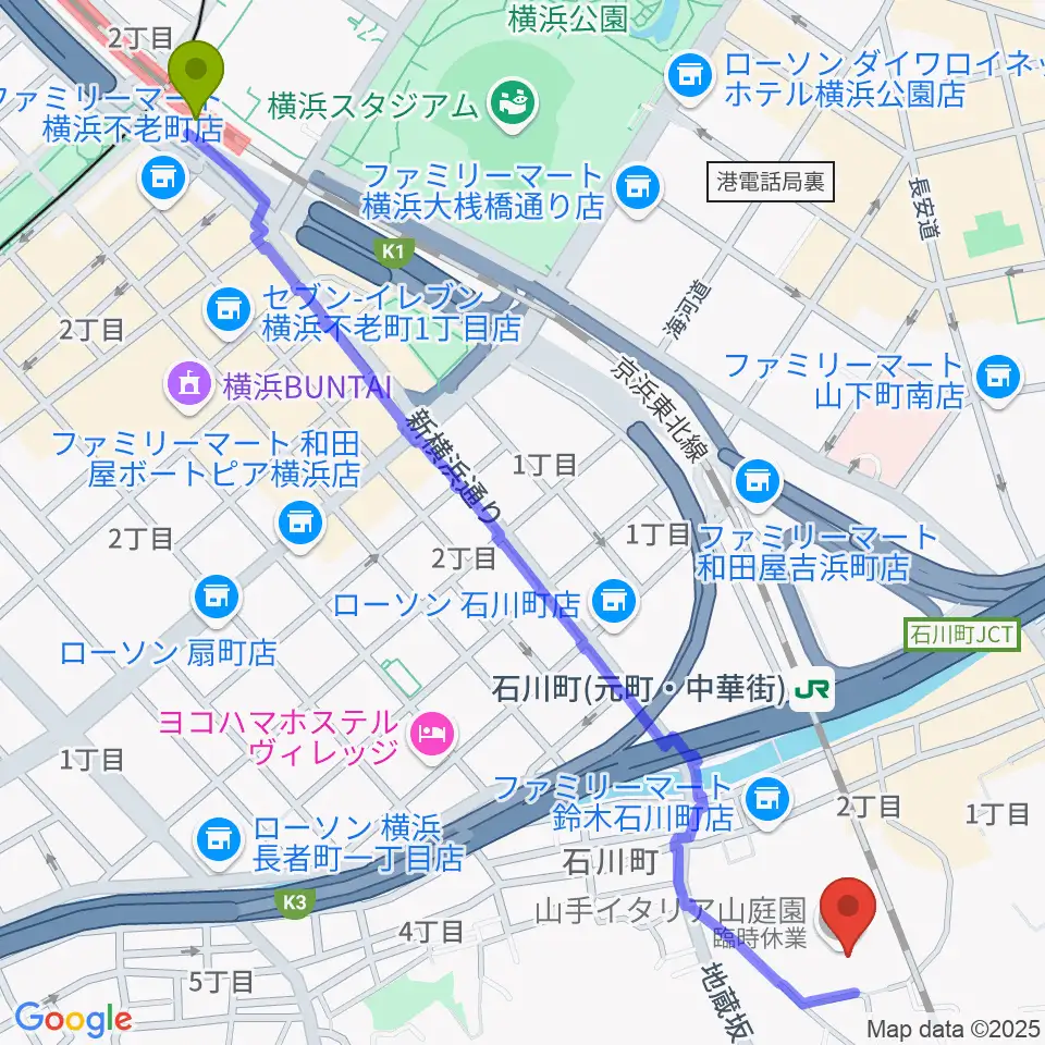 関内駅から外交官の家へのルートマップ地図