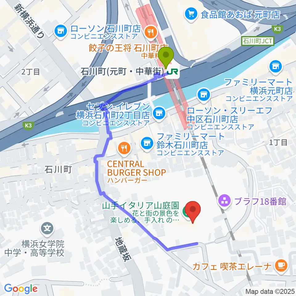 外交官の家の最寄駅石川町駅からの徒歩ルート（約4分）地図