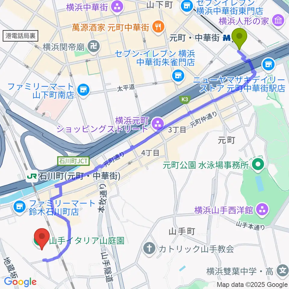 元町・中華街駅から外交官の家へのルートマップ地図