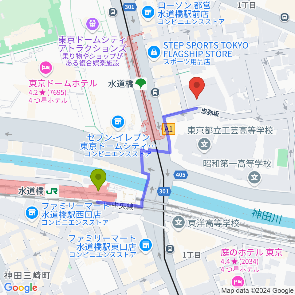 宝生能楽堂の最寄駅水道橋駅からの徒歩ルート（約4分）地図