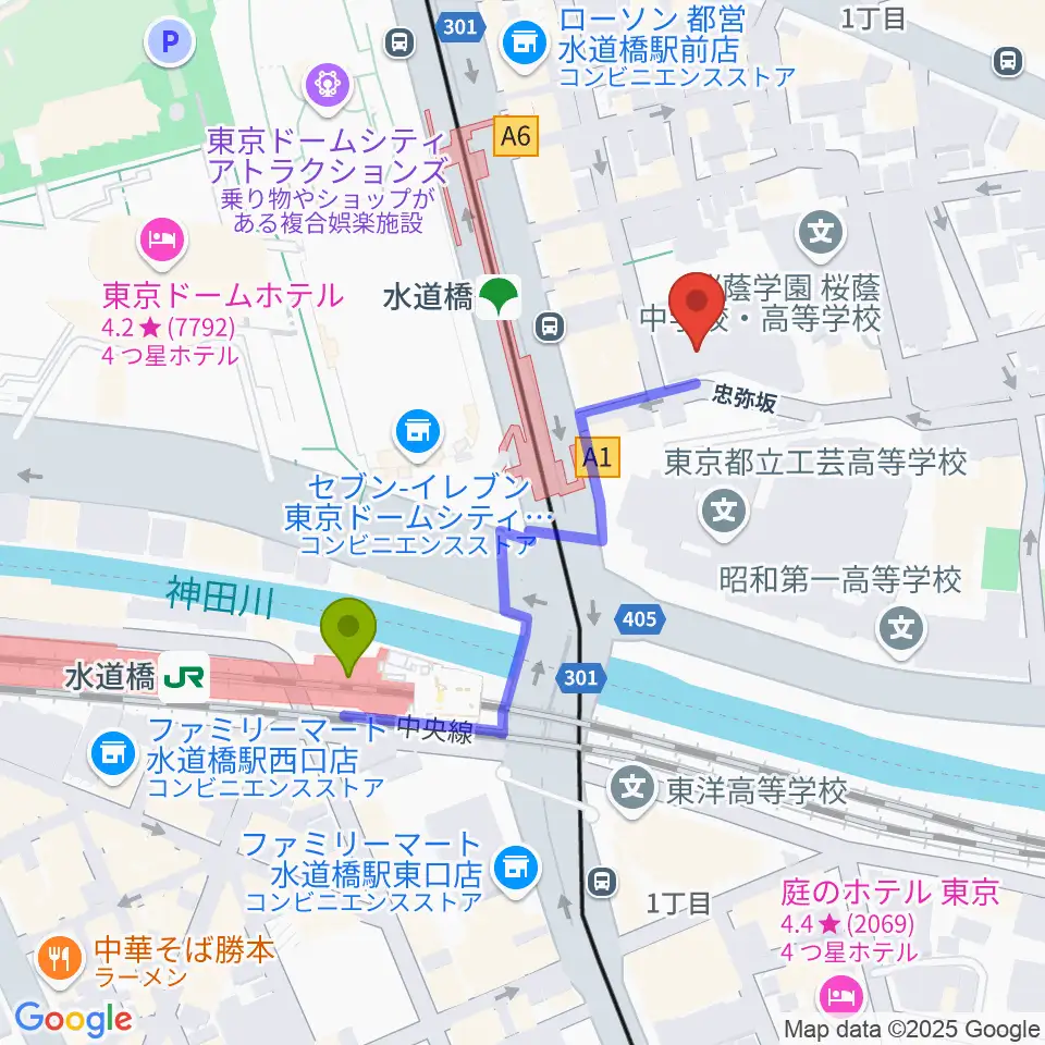 宝生能楽堂の最寄駅水道橋駅からの徒歩ルート（約4分）地図