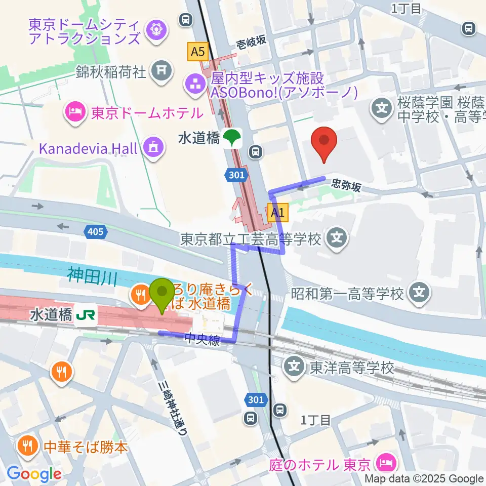 宝生能楽堂の最寄駅水道橋駅からの徒歩ルート（約4分）地図