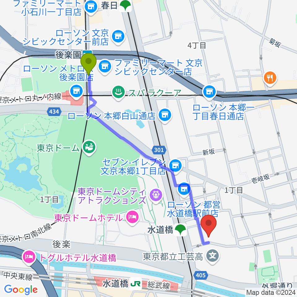 後楽園駅から宝生能楽堂へのルートマップ地図