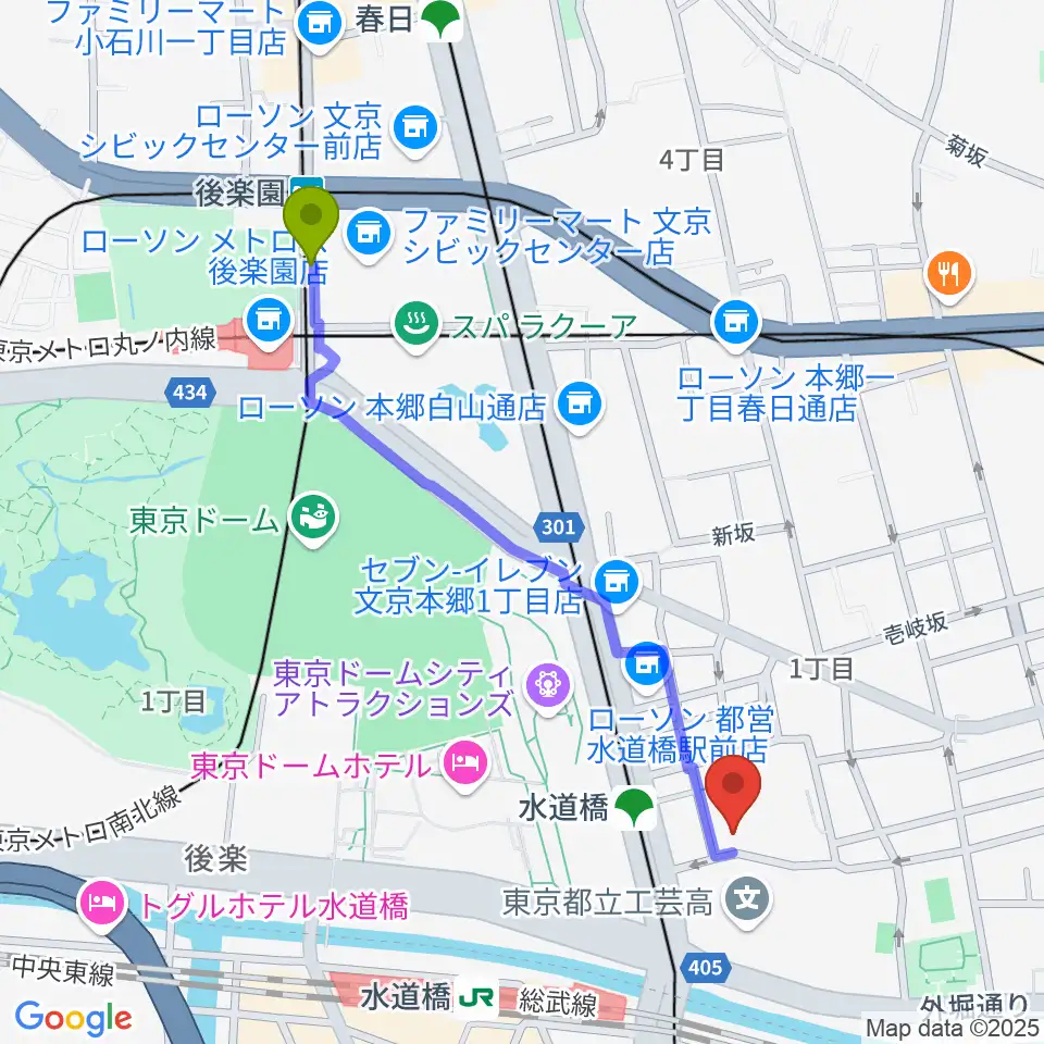 後楽園駅から宝生能楽堂へのルートマップ地図