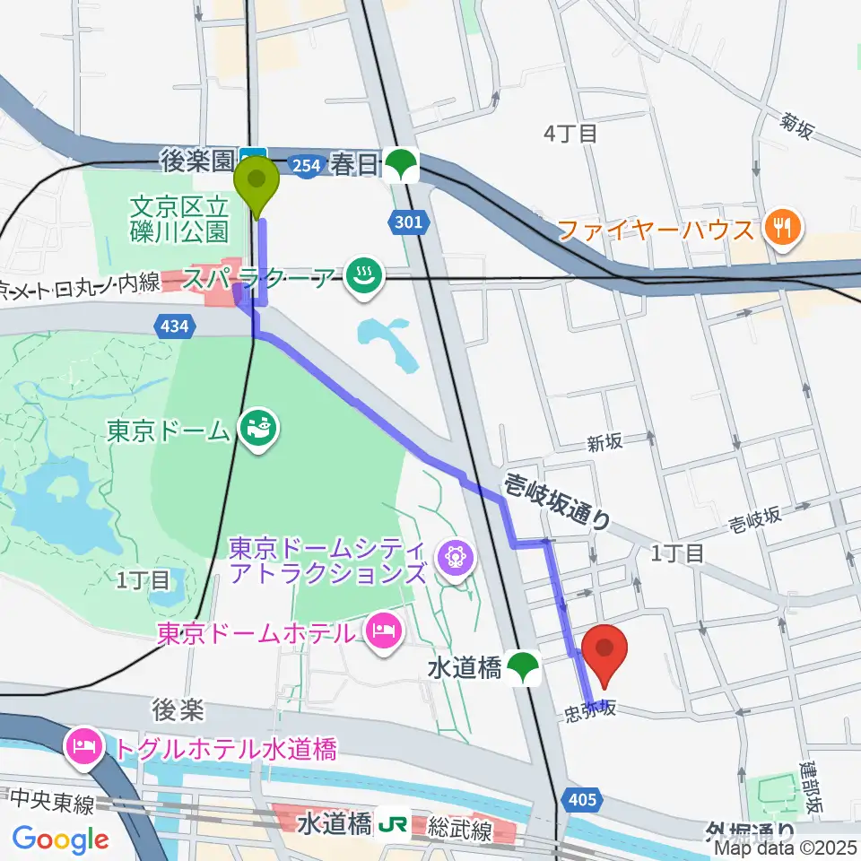 後楽園駅から宝生能楽堂へのルートマップ地図