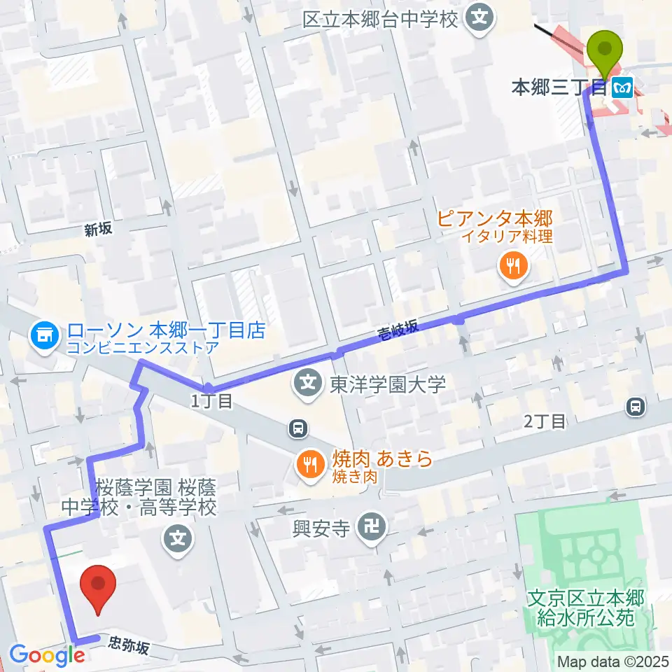 本郷三丁目駅から宝生能楽堂へのルートマップ地図