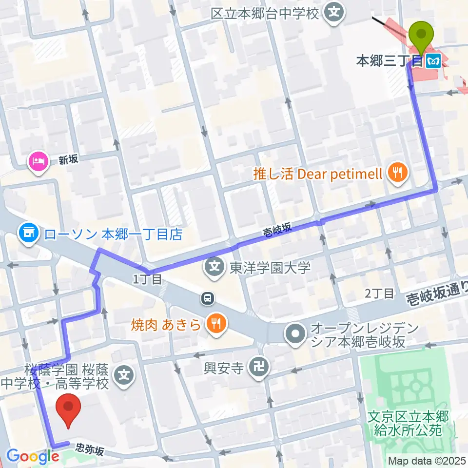 本郷三丁目駅から宝生能楽堂へのルートマップ地図