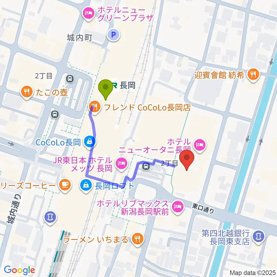 ホテルニューオータニ長岡NCホールの最寄駅長岡駅からの徒歩ルート（約3分）地図