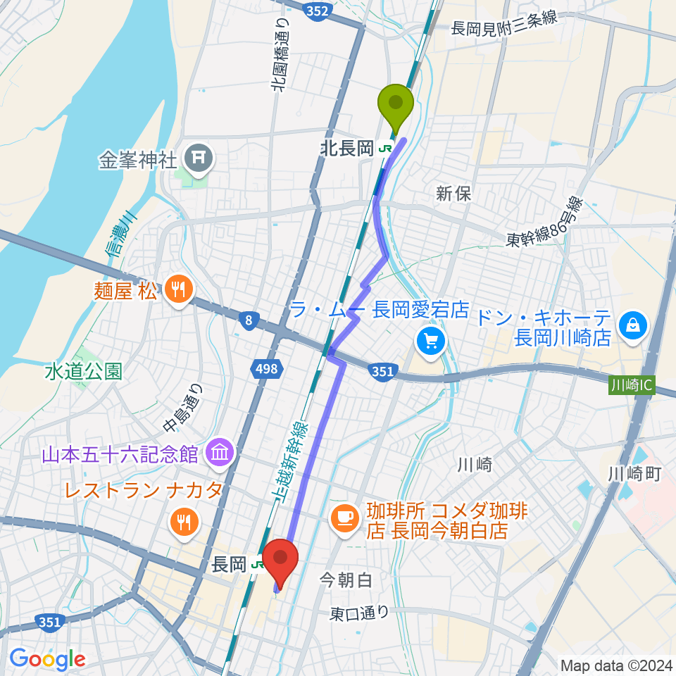 北長岡駅からホテルニューオータニ長岡NCホールへのルートマップ地図