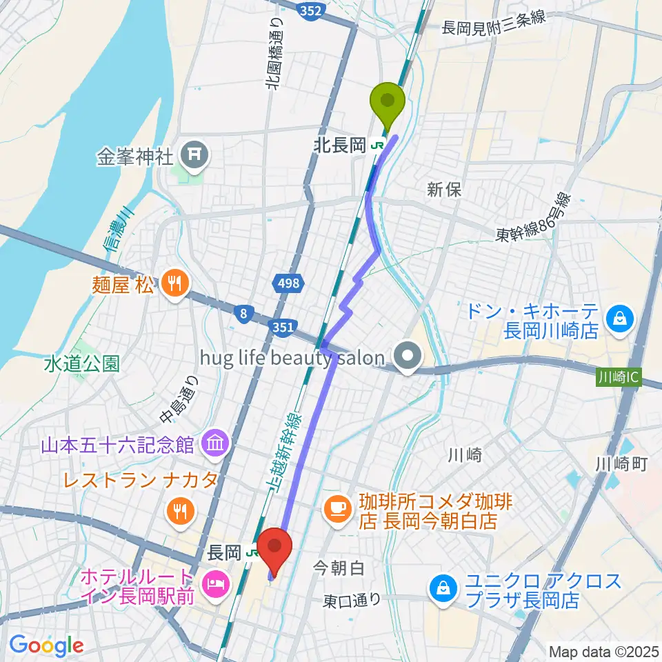 北長岡駅からホテルニューオータニ長岡NCホールへのルートマップ地図