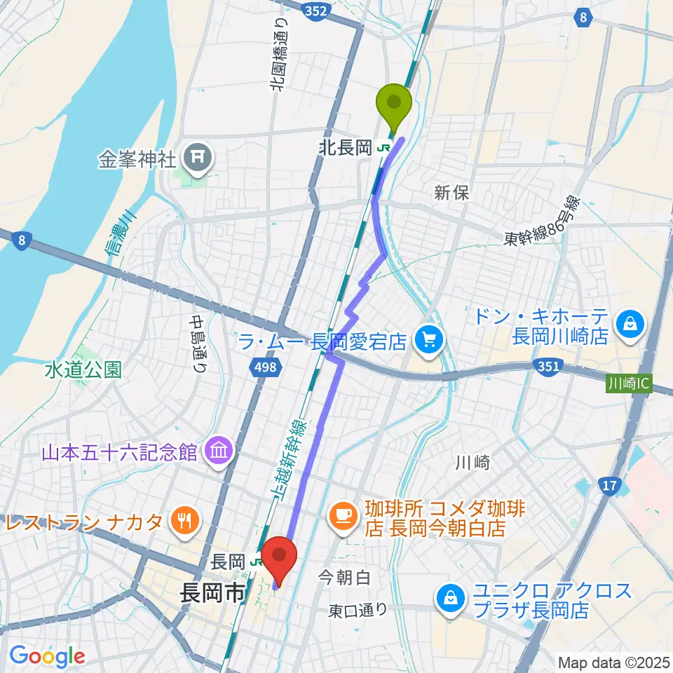 北長岡駅からホテルニューオータニ長岡NCホールへのルートマップ地図