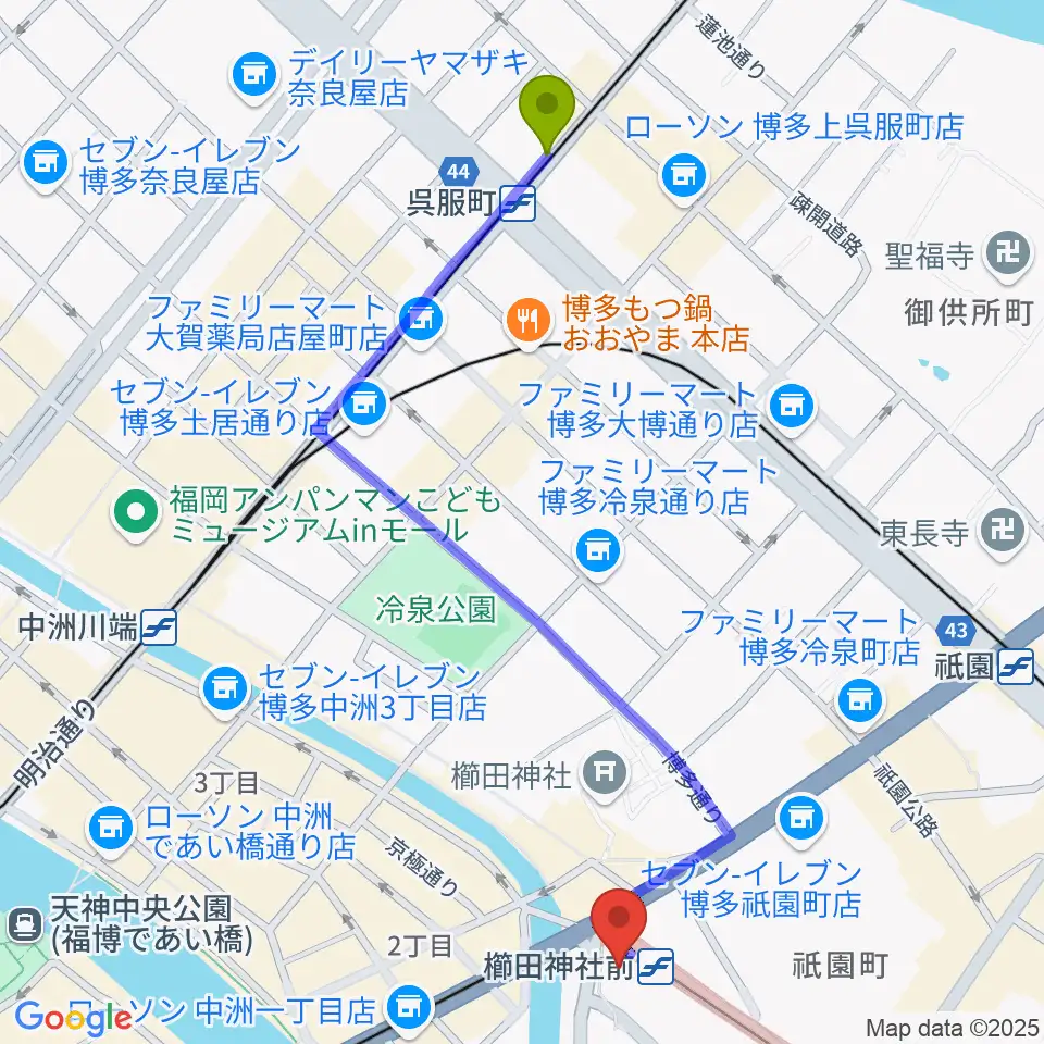 呉服町駅からぽんプラザホールへのルートマップ地図