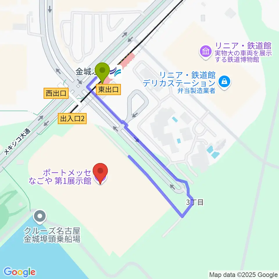 ポートメッセなごやの最寄駅金城ふ頭駅からの徒歩ルート（約3分）地図