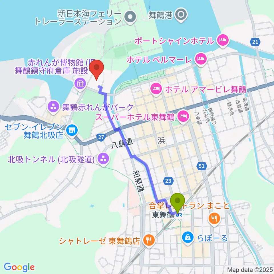 舞鶴市総合文化会館の最寄駅東舞鶴駅からの徒歩ルート（約18分） MDATA