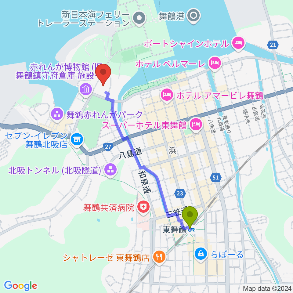 舞鶴市総合文化会館の最寄駅東舞鶴駅からの徒歩ルート（約18分）地図