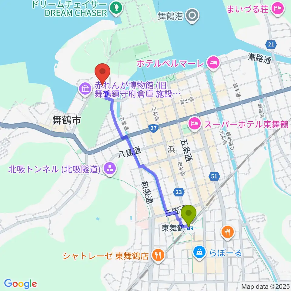 舞鶴市総合文化会館の最寄駅東舞鶴駅からの徒歩ルート（約18分）地図