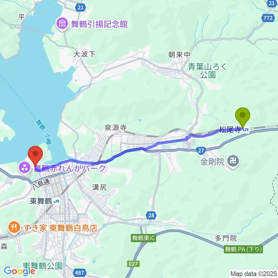 松尾寺駅から舞鶴市総合文化会館へのルートマップ地図