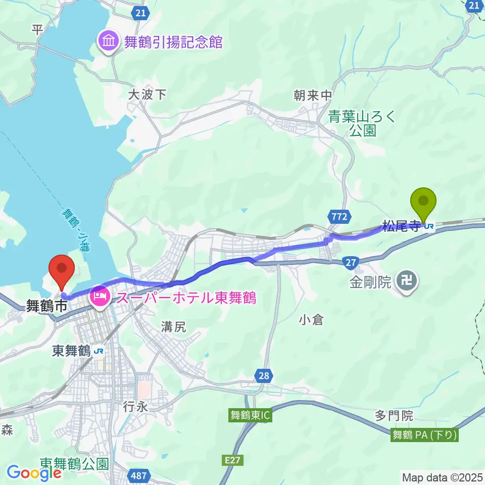 松尾寺駅から舞鶴市総合文化会館へのルートマップ地図