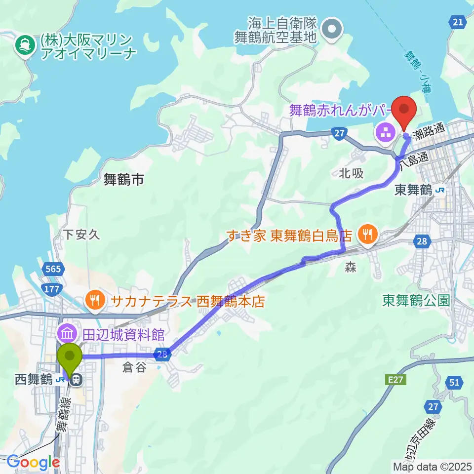 西舞鶴駅から舞鶴市総合文化会館へのルートマップ地図