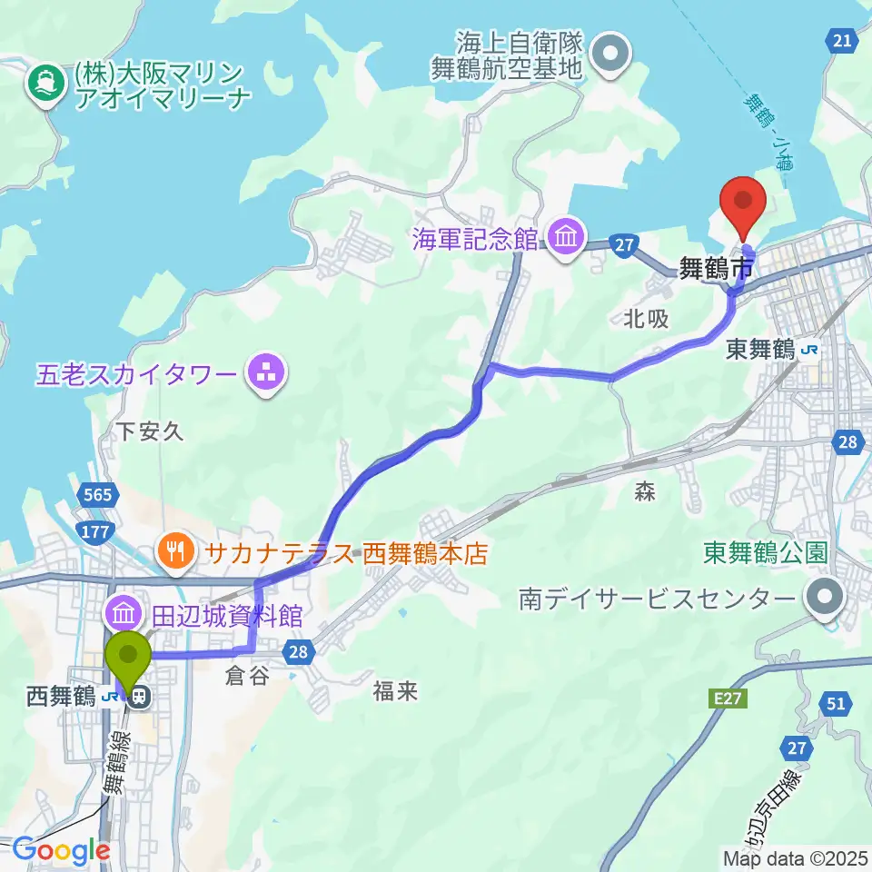 西舞鶴駅から舞鶴市総合文化会館へのルートマップ地図