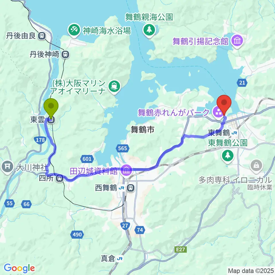 東雲駅から舞鶴市総合文化会館へのルートマップ地図