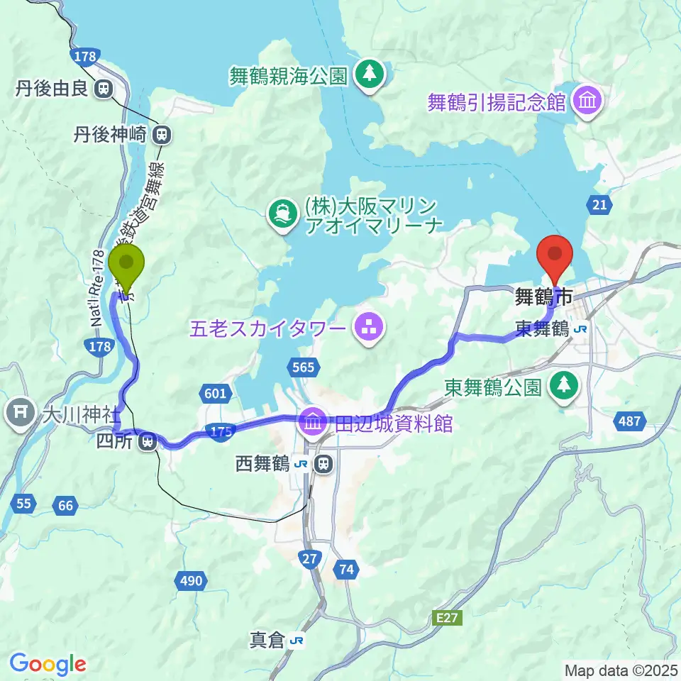東雲駅から舞鶴市総合文化会館へのルートマップ地図