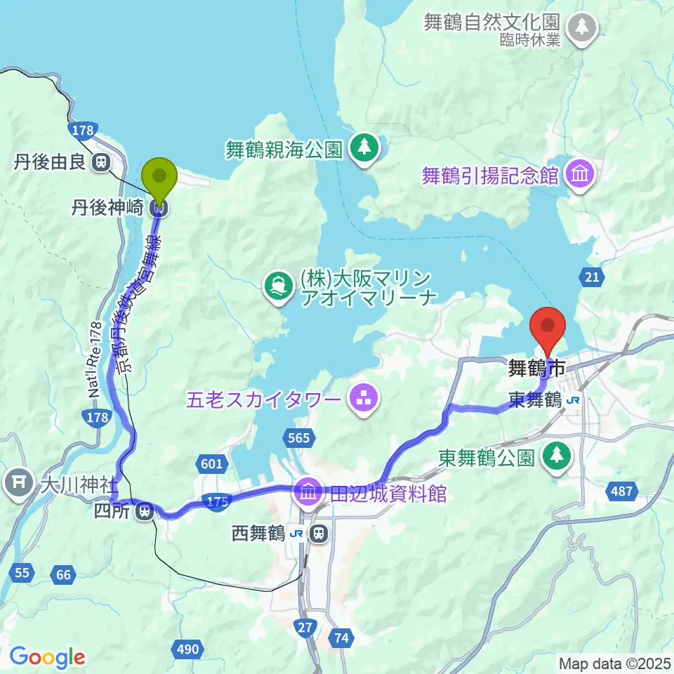 丹後神崎駅から舞鶴市総合文化会館へのルートマップ地図