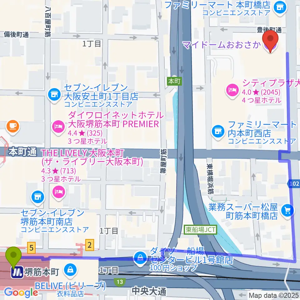 マイドームおおさかの最寄駅堺筋本町駅からの徒歩ルート（約9分）地図