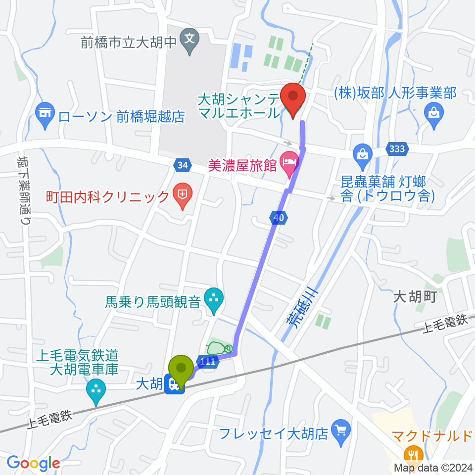 大胡シャンテ マルエホールの最寄駅大胡駅からの徒歩ルート（約10分）地図