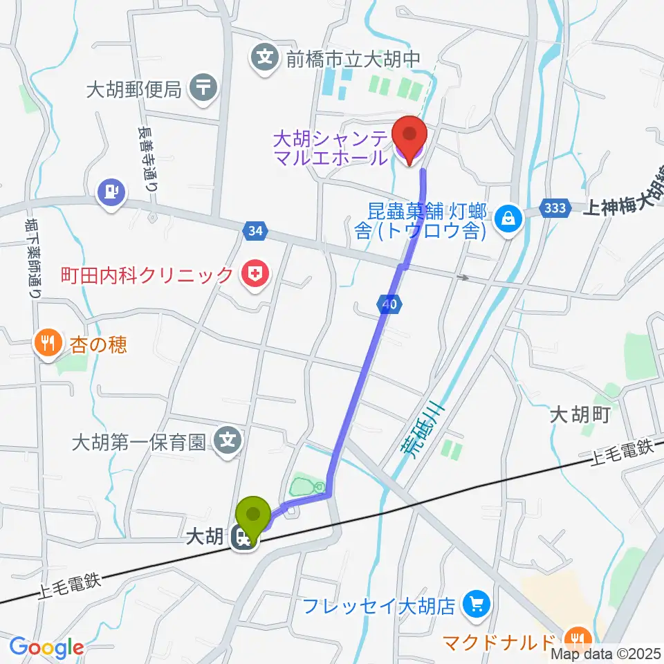 大胡シャンテ マルエホールの最寄駅大胡駅からの徒歩ルート（約10分）地図
