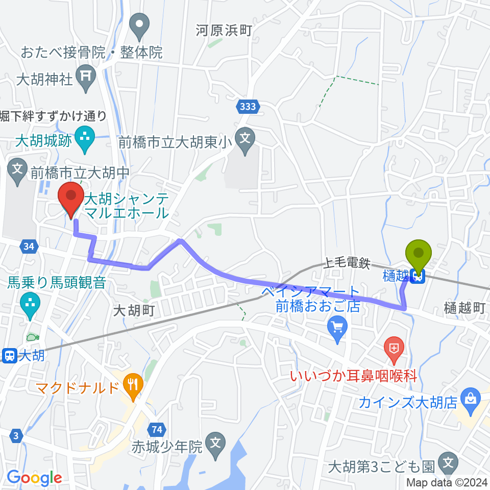 樋越駅から大胡シャンテ マルエホールへのルートマップ地図