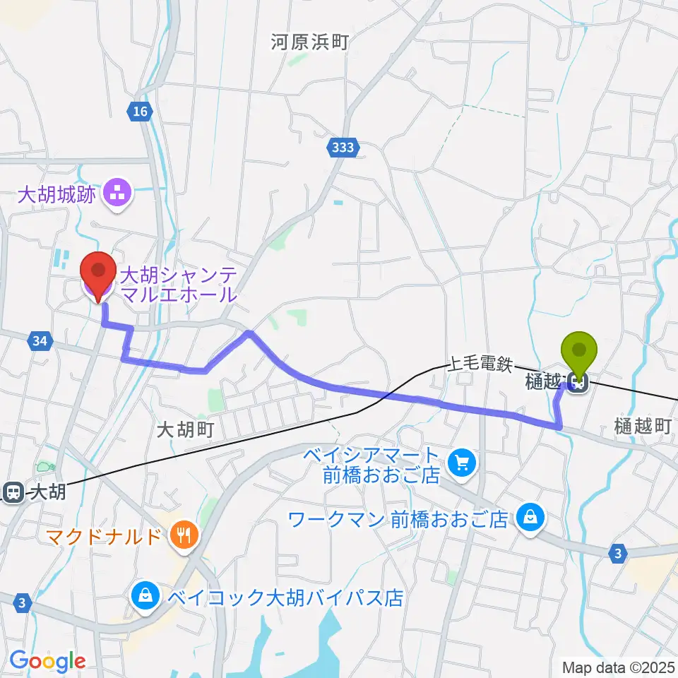 樋越駅から大胡シャンテ マルエホールへのルートマップ地図
