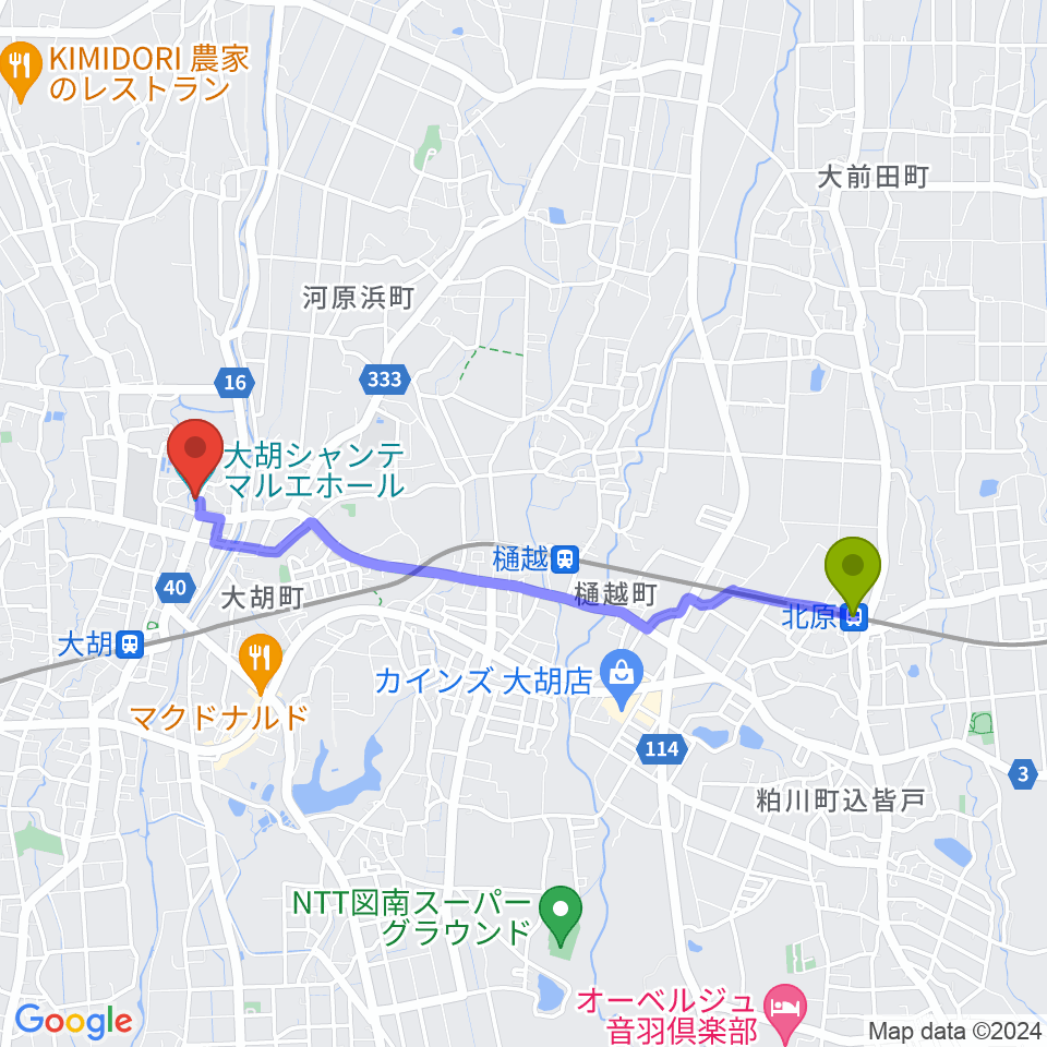 北原駅から大胡シャンテ マルエホールへのルートマップ地図