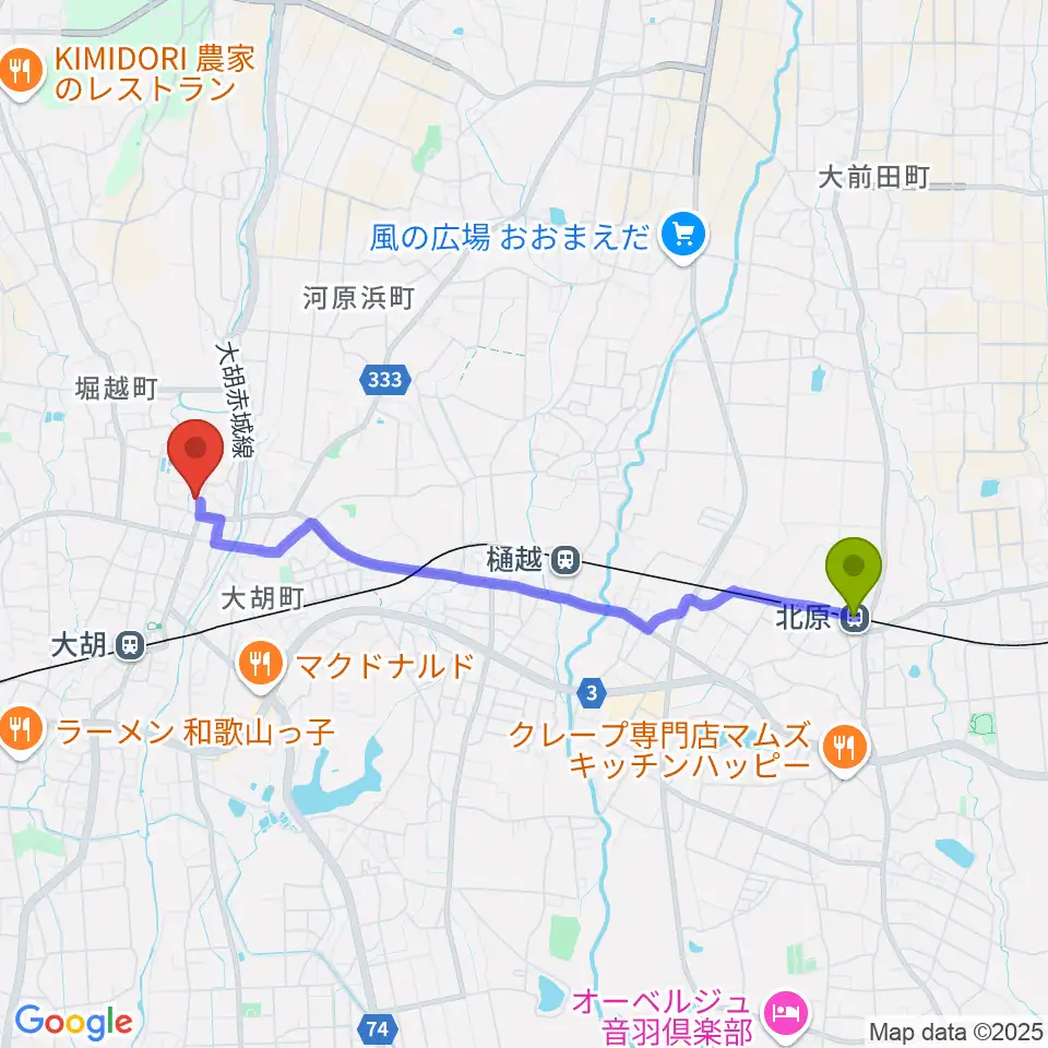 北原駅から大胡シャンテ マルエホールへのルートマップ地図