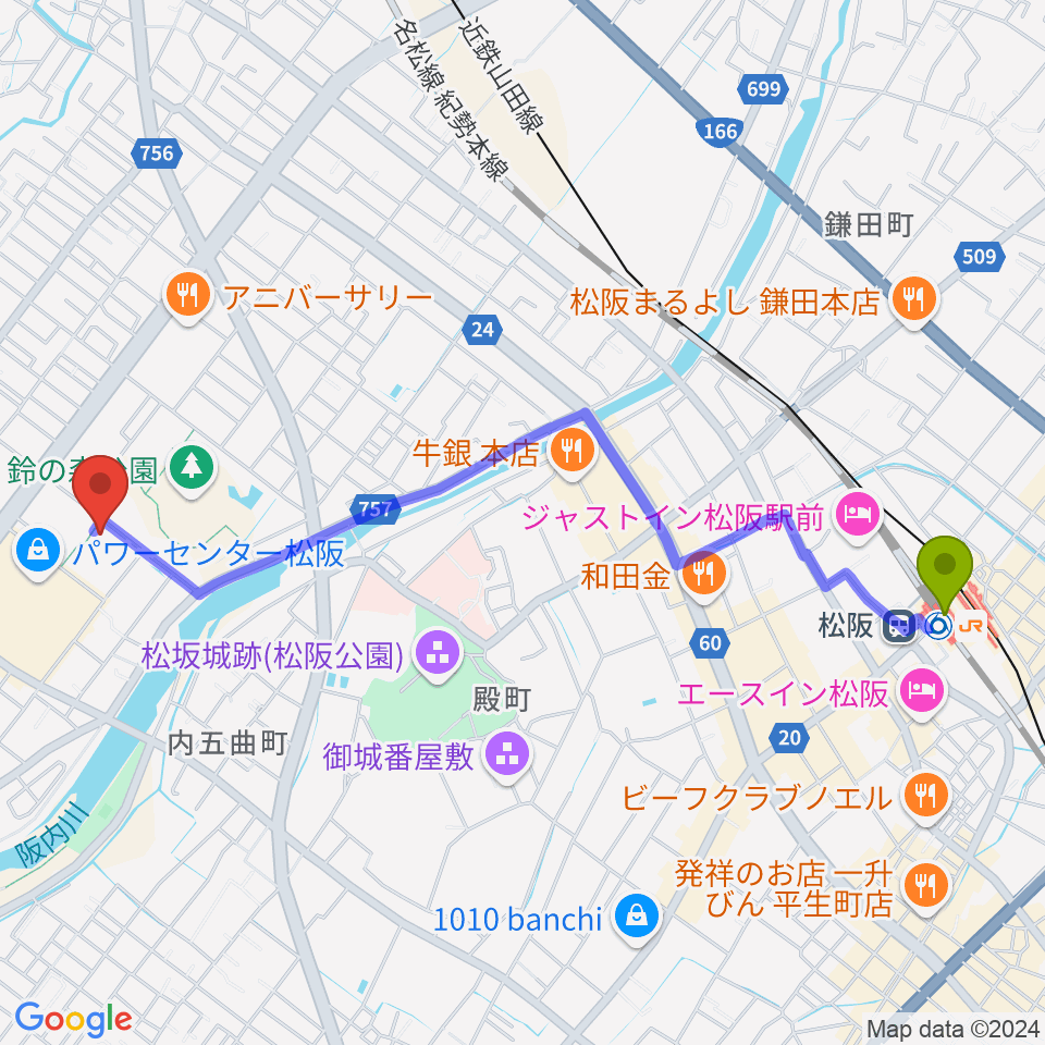 クラギ文化ホールの最寄駅松阪駅からの徒歩ルート（約26分） - MDATA