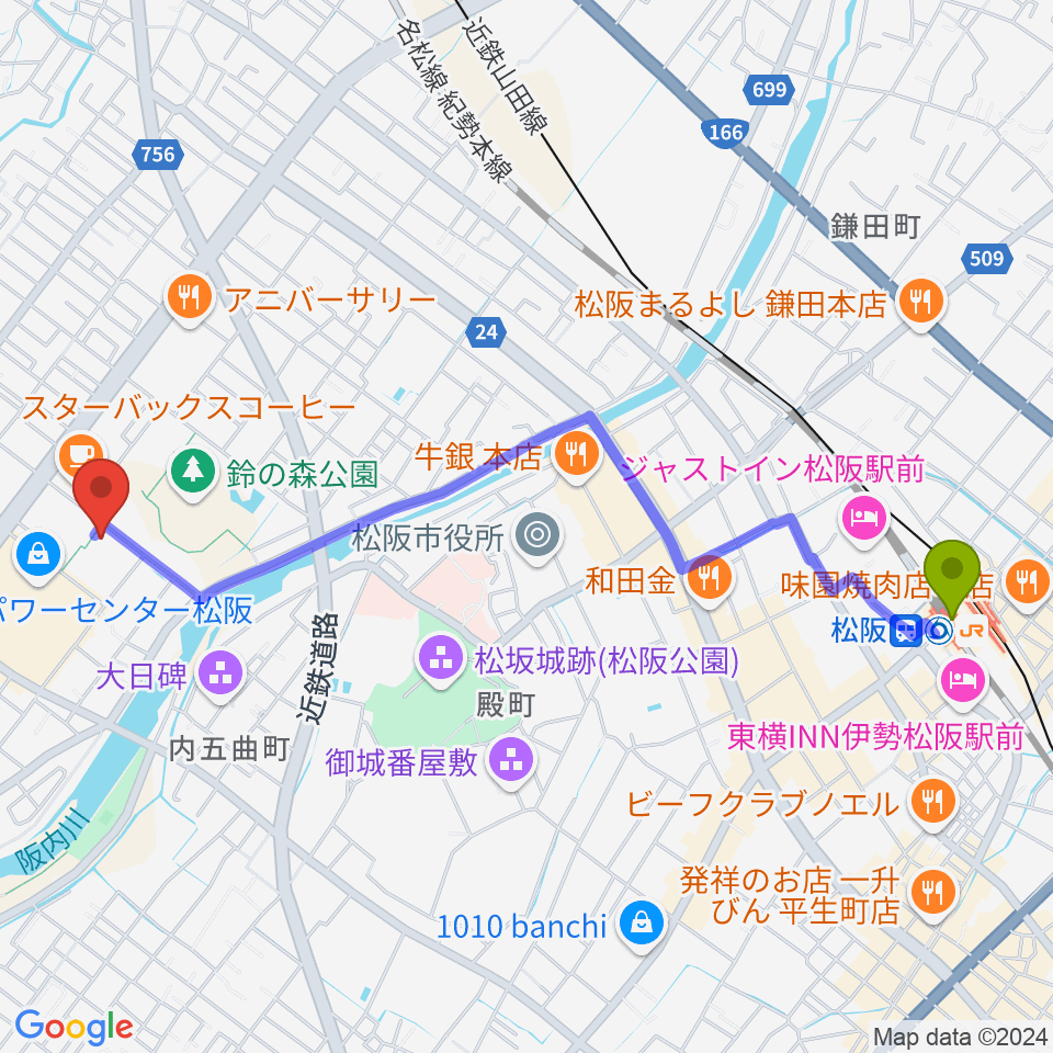 クラギ文化ホールの最寄駅松阪駅からの徒歩ルート（約26分）地図