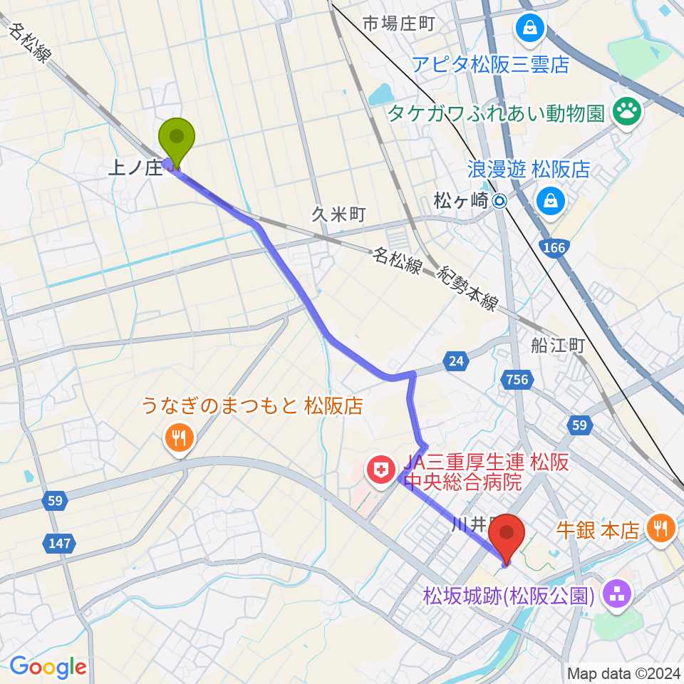 上ノ庄駅からクラギ文化ホールへのルートマップ地図