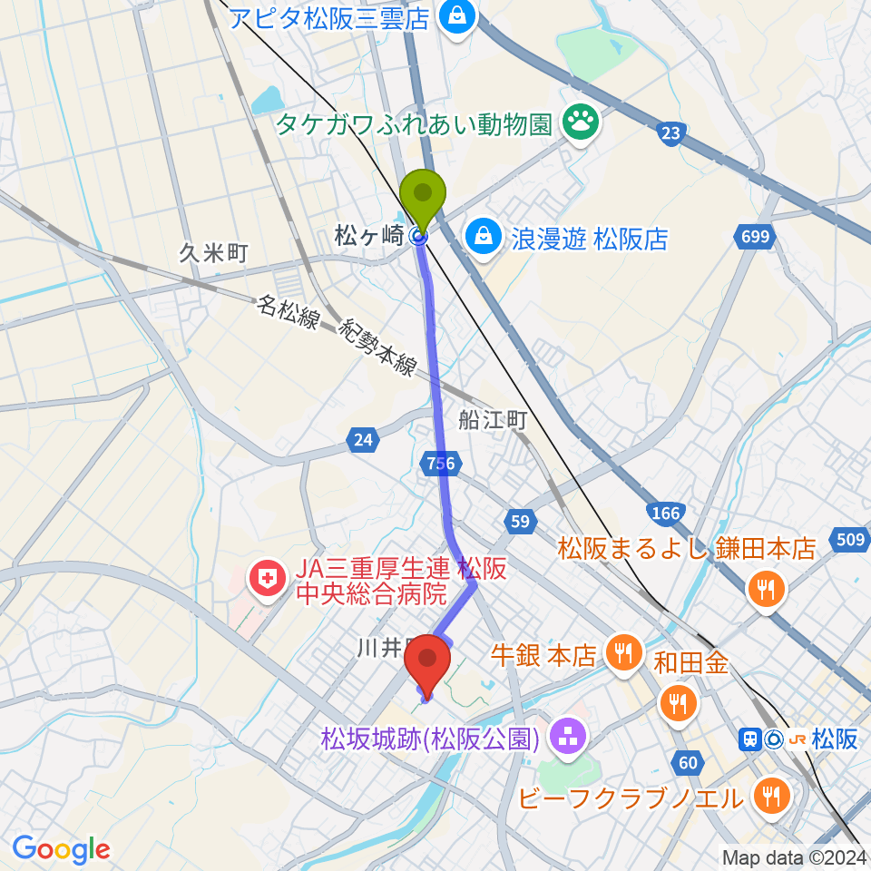 松ヶ崎駅からクラギ文化ホールへのルートマップ地図