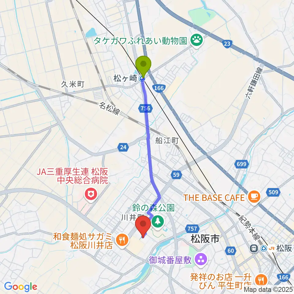 松ヶ崎駅からクラギ文化ホールへのルートマップ地図