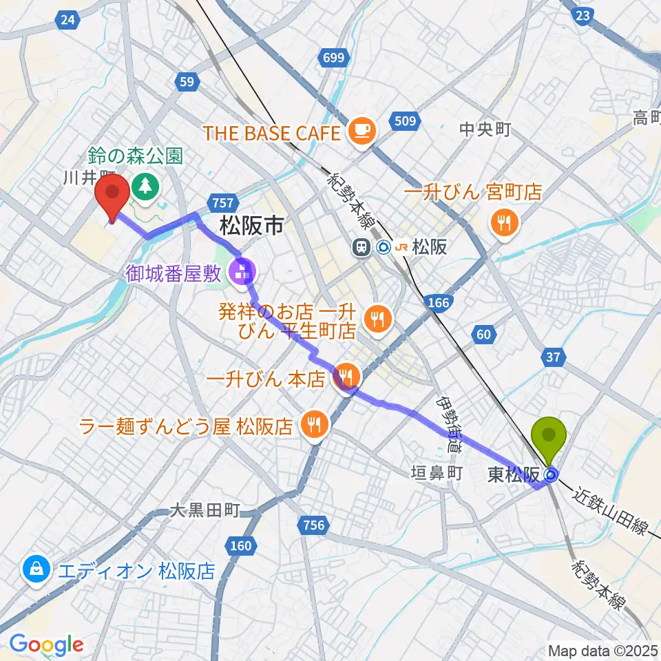 東松阪駅からクラギ文化ホールへのルートマップ地図