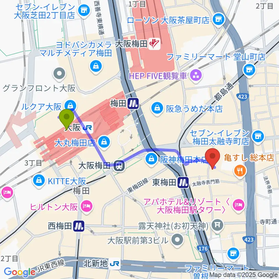 梅田アムホールの最寄駅大阪駅からの徒歩ルート（約9分）地図