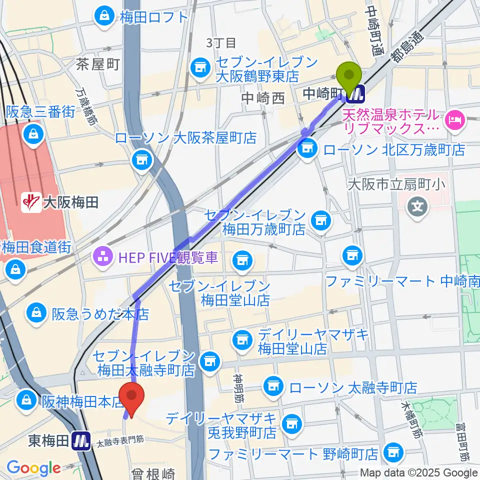 中崎町駅から梅田アムホールへのルートマップ地図